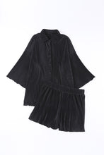 Load image into Gallery viewer, Black 3/4 Sleeves Pleated Shirt and High Waist Shorts Lounge Set | Two Piece Sets/Short Sets
