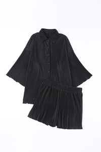 Black 3/4 Sleeves Pleated Shirt and High Waist Shorts Lounge Set | Two Piece Sets/Short Sets