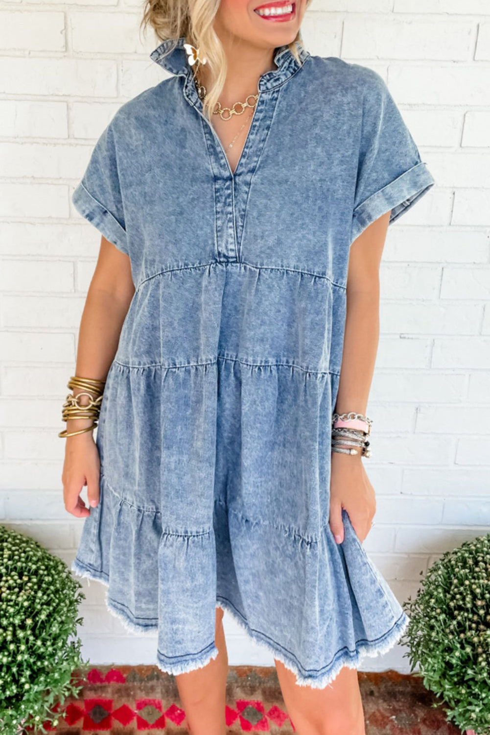 Sky Blue Acid Wash V Neck Tiered Denim Dress | Dresses/Mini Dresses