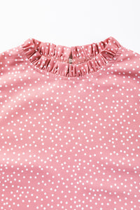 Pink Polka Dots Ruffle Flutter Sleeve Frilled Neck Blouse | Tops/Blouses & Shirts