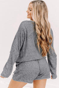 Shorts Lounge Set | Gray Long Sleeve Top and Drawstring