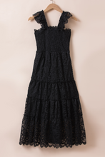 Load image into Gallery viewer, Black Midi Dress | Lace Smocked Bodice Sleeveless Dress
