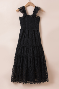 Black Midi Dress | Lace Smocked Bodice Sleeveless Dress