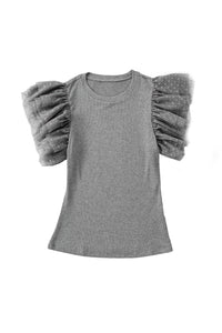 Ruffle Sleeve Top | Gray Dotty Mesh Ribbed Knit Top