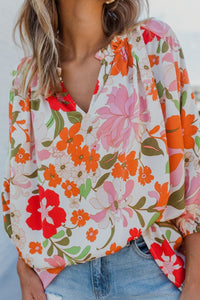 Orange Blooming Flowers Frill Trim Puff Sleeve Blouse | Tops/Blouses & Shirts