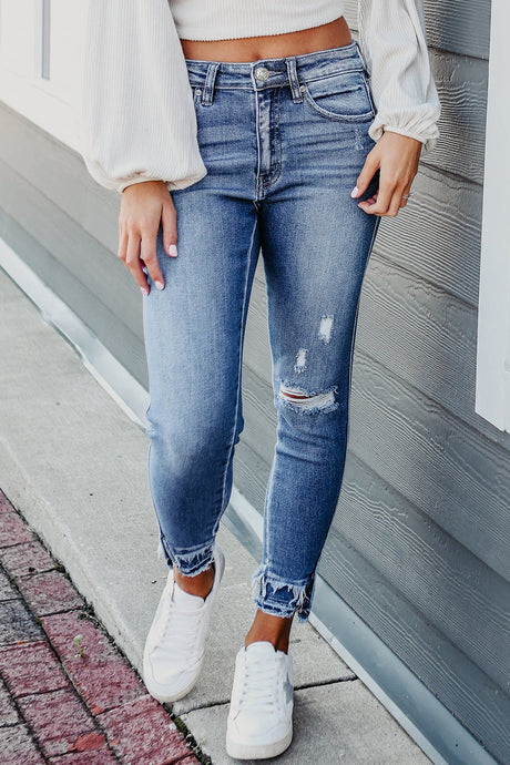 Blue Jeans | Raw Hem Distressed Blue Jeans with Pockets | Blue Jeans