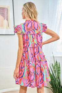 Tiered Dress | Full Size Printed Ruffle Cap Sleeve Mini Dress