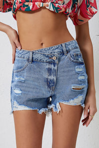 Sky Blue High Rise Crossover Waist Denim Shorts | Bottoms/Denim Shorts