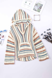 Multicolor Striped Knit Kangaroo Pocket Hooded Sweater | Tops/Sweaters & Cardigans