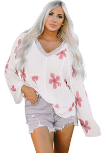 White Floral Print Lightweight Knit Hooded Sweater | Tops/Sweaters & Cardigans