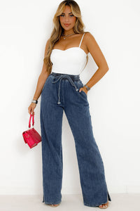 Wide Leg Jeans | Dark Blue Drawstring Elastic Waist