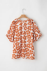 Orange Plus Size Floral Print Drawstring V Neck Short Sleeve Blouse | Plus Size/Plus Size Tops/Plus Size Blouses & Shirts