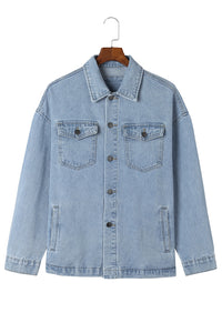 Sky Blue Acid Wash Flap Pocket Boyfriend Shacket | Outerwear/Denim jackets