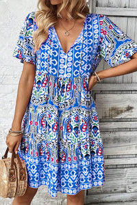 Sky Blue Bohemian Print Tie Neck Ruffle Hem Short Dress | Dresses/Mini Dresses