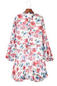 Sky Blue Vintage Floral Print Drawstring Flowy Dress | Dresses/Mini Dresses