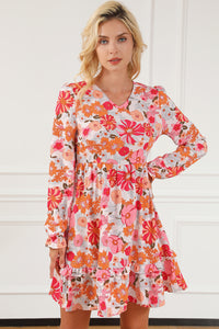 Multicolor Floral V Neck Long Sleeve Skater Dress | Dresses/Floral Dresses