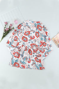 Fiery Red Split Neck Bubble Sleeve Floral Patchwork Blouse