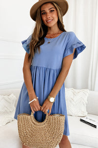 Sky Blue Round Neck Ruffle Sleeve Loose Dress | Dresses/Mini Dresses