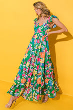 Load image into Gallery viewer, Green Floral Print Sleeveless Ruffle Tiered Maxi Dress | Dresses/Floral Dresses
