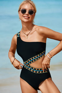 Black Zigzag Accent Cutout One Shoulder Teddy Swimwear | Swimwear/One Piece Swimsuit