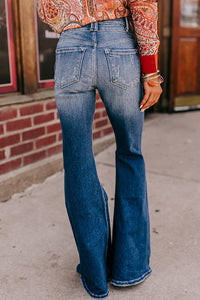 Sky Blue Button Fly Ripped High Waist Flare Jeans | Bottoms/Jeans