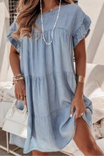 Load image into Gallery viewer, Denim Dress | Blue Ruffle Short Sleeve Tiered A-line Dress
