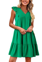 Load image into Gallery viewer, Bright Green Solid Color V Neck Ruffle Tiered Mini Dress | Dresses/Mini Dresses
