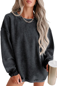 Pullover Sweatshirt | Black Solid Ribbed Knit Round Neck