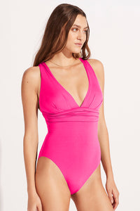 Rose Red Deep V Neck Crossover Backless Ruched High Cut Monokini | Swimwear/One Piece Swimsuit