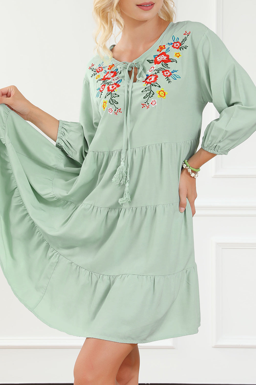 Green Floral Embroidery Tiered Ruffle Hem Dress | Dresses/Floral Dresses