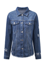 Load image into Gallery viewer, Blue Lapel Distressed Raw Hem Buttons Denim Jacket | Outerwear/Denim jackets
