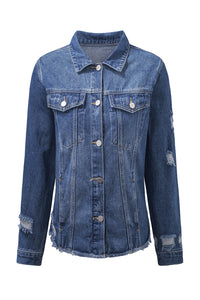 Blue Lapel Distressed Raw Hem Buttons Denim Jacket | Outerwear/Denim jackets