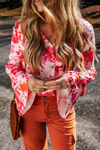 Womens Bodysuit | Pink Floral Print Tiered Bell Long Sleeve Buttoned Bodysuit | Tops/Bodysuits