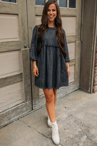 Denim Dress | Black Balloon Sleeve High Waist Dress