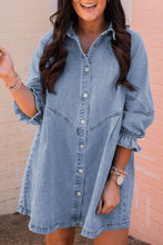 Load image into Gallery viewer, Sky Blue Buttoned Long Sleeve Denim Mini Dress | Dresses/Mini Dresses
