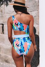 Load image into Gallery viewer, Sky Blue Asymmetric Cutout Belted Printed One-piece Swimwear
