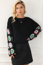 Load image into Gallery viewer, Black Floral Crochet Bell Sleeve Loose Sweater | Tops/Sweaters &amp; Cardigans
