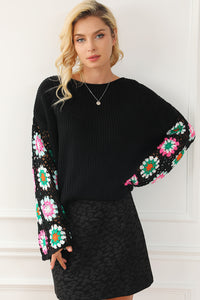 Black Floral Crochet Bell Sleeve Loose Sweater | Tops/Sweaters & Cardigans