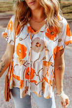 Load image into Gallery viewer, Orange Floral Print Frill Neck Tiered Babydoll Blouse | Tops/Blouses &amp; Shirts
