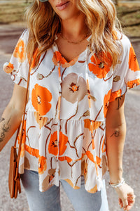 Orange Floral Print Frill Neck Tiered Babydoll Blouse | Tops/Blouses & Shirts