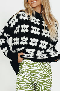 White Printed Retro Flower Pattern Knit Fuzzy Sweater | Tops/Sweaters & Cardigans