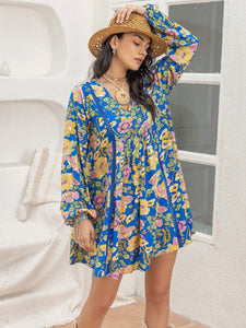 Mini Dress | Printed V-Neck Balloon Sleeve Dress