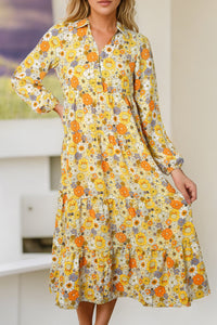 Yellow Boho Floral Collared Long Sleeve Ruffled Dress | Dresses/Floral Dresses