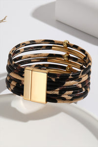 Buckle Bracelet | Brown Multi-Layer Leopard Beaded