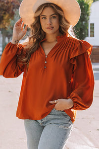 Orange Ruffled Pleated Buttoned V Neck Blouse | Tops/Blouses & Shirts