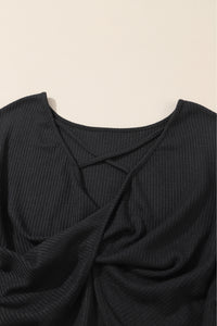 Waffle Knit Top | Black Sequin Patchwork Sleeve Open Back