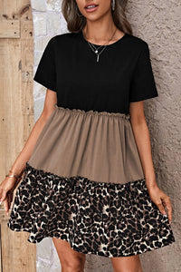 Light French Beige Leopard Print Colorblock Frill Trim T-shirt Dress | Dresses/T Shirt Dresses