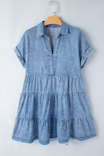 Load image into Gallery viewer, Sky Blue Acid Wash V Neck Tiered Denim Dress | Dresses/Mini Dresses
