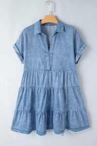 Sky Blue Acid Wash V Neck Tiered Denim Dress | Dresses/Mini Dresses