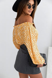 Lantern Sleeve Blouse | Yellow Floral Print Frill Trim Off-Shoulder